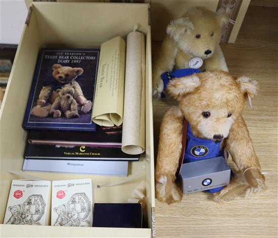 A Steiff BMW bear box - Steiff Good Luck bear, two Herman miniature bears. Brown Derby bone china bear, three teddy book